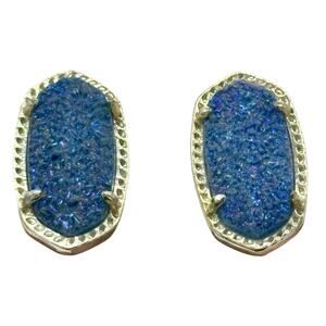Kendra Scott Cobalt Blue Drusy Ellie Pierced Earrings Signed Used Rhodium Plated